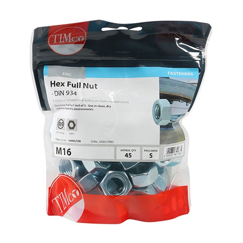 45 x TIMCO Hex Full Nuts DIN934 Silver - M16