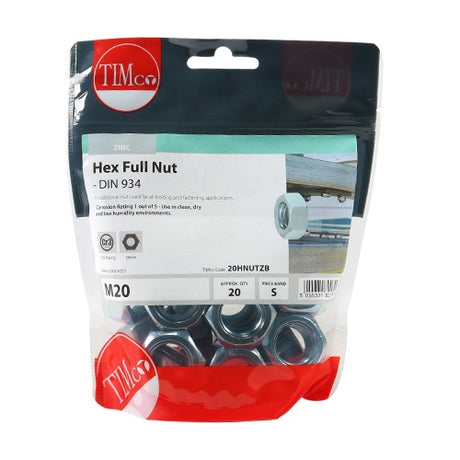 20 x TIMCO Hex Full Nuts DIN934 Silver - M20