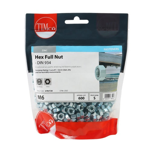 600 x TIMCO Hex Full Nuts DIN934 Silver - M6