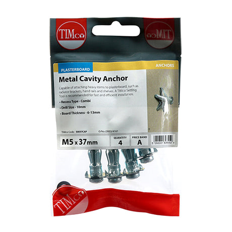 4 x TIMCO Metal Cavity Anchors Silver - M5 x 37 (45mm Screw)
