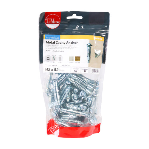 60 x TIMCO Metal Cavity Anchors Silver - M5 x 52 (60mm Screw)