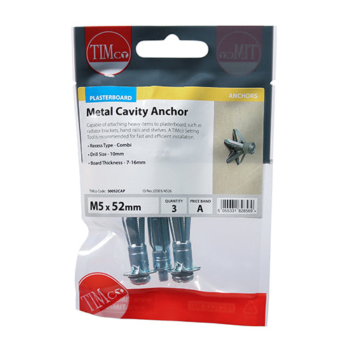 3 x TIMCO Metal Cavity Anchors Silver - M5 x 52 (60mm Screw)