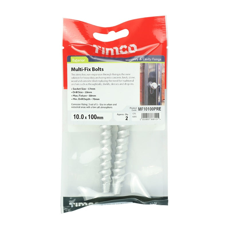 Pair of - TIMCO Multi-Fix Bolts Hex Head Exterior Silver - 10.0 x 100