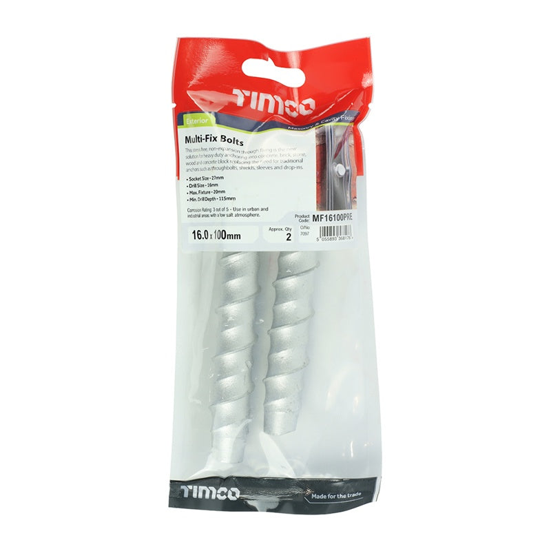 Pair of - TIMCO Multi-Fix Bolts Hex Head Exterior Silver - 16.0 x 100