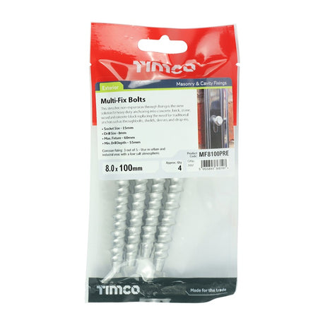 4 x TIMCO Multi-Fix Bolts Hex Head Exterior Silver - 8.0 x 100