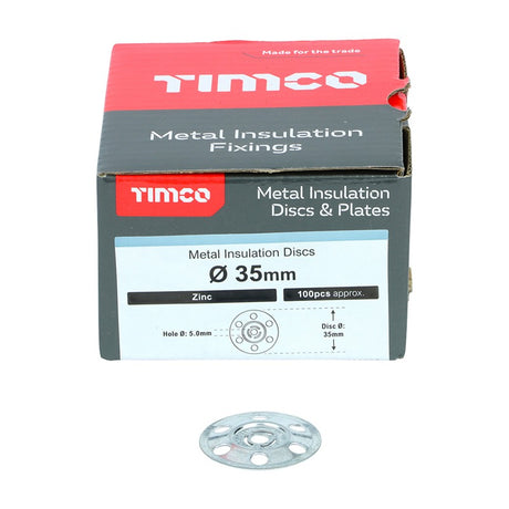 100 x TIMCO Metal Insulation Discs Silver - 35mm