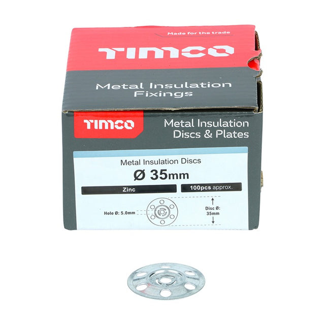 100 x TIMCO Metal Insulation Discs Silver - 35mm