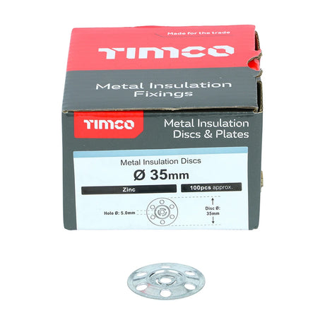 100 x TIMCO Metal Insulation Discs Silver - 35mm