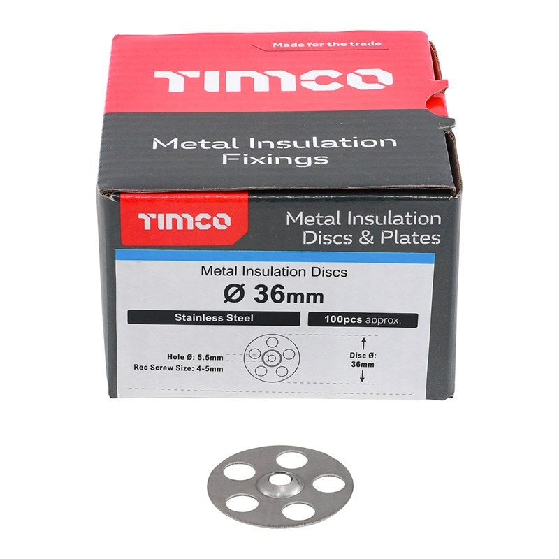 100 x TIMCO Metal Insulation Disc Stainless Steel - 36mm