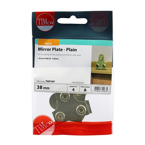 4 x TIMCO Mirror Plates Plain Electro Brass - 38mm