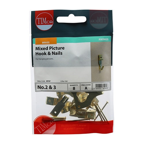 8 x TIMCO Mixed Picture Hanging Hooks Electro Brass - Mixed