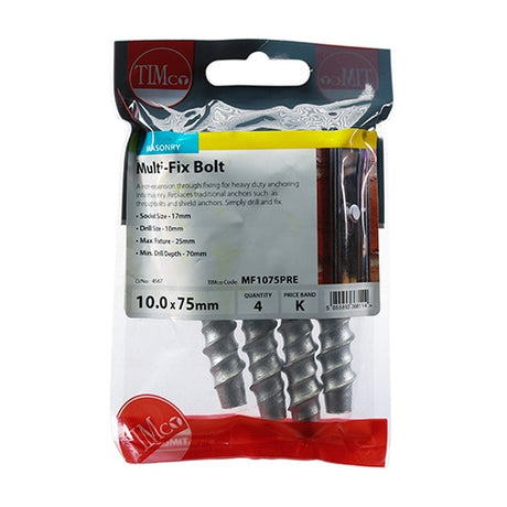 4 x TIMCO Multi-Fix Bolts Hex Head Exterior Silver - 10.0 x 75