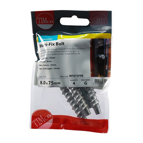 4 x TIMCO Multi-Fix Bolts Hex Head Exterior Silver - 8.0 x 75