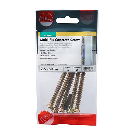 8 x TIMCO Concrete Screws Flat Countersunk Gold - 7.5 x 50