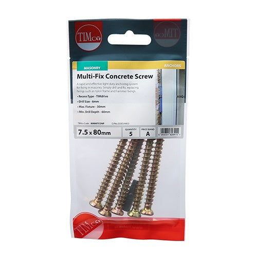 5 x TIMCO Concrete Screws Flat Countersunk Gold - 7.5 x 80