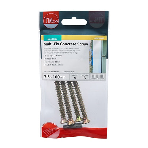 4 x TIMCO Concrete Screws Flat Countersunk Gold - 7.5 x 100