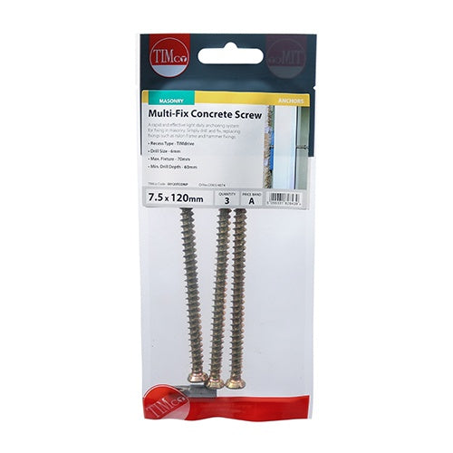 3 x TIMCO Concrete Screws Flat Countersunk Gold - 7.5 x 120