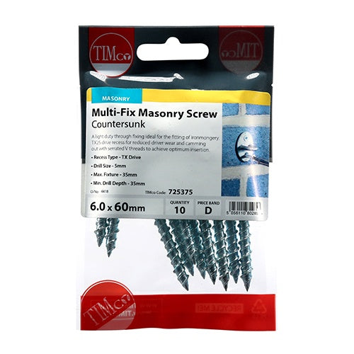 10 x TIMCO Masonry Screws Countersunk Silver - 6.0 x 60