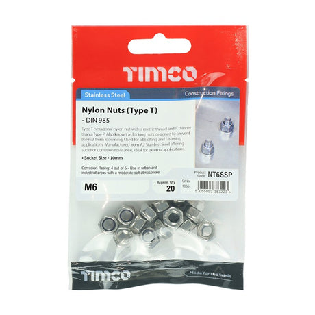 20 x TIMCO Nylon Insert Nuts Type T DIN985 A2 Stainless Steel - M6