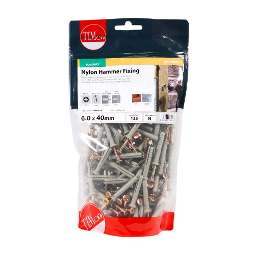 135 x TIMCO Nylon Hammer Fixings - 6.0 x 40