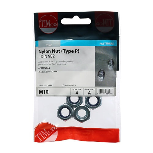 4 x TIMCO Nylon Insert Nuts Type P DIN982 Silver - M10