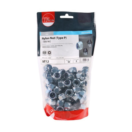 90 x TIMCO Nylon Insert Nuts Type P DIN982 Silver - M12