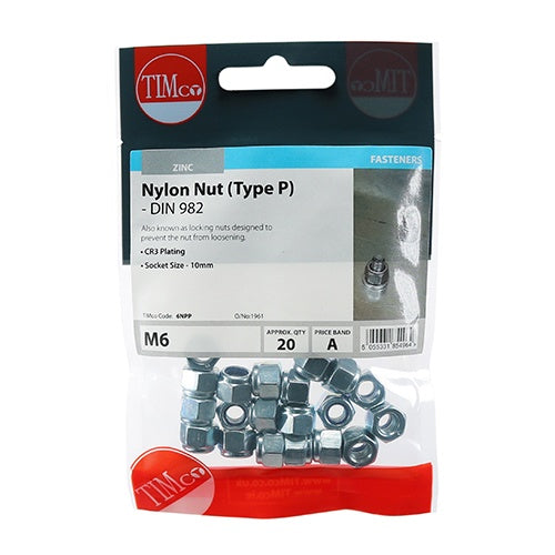 20 x TIMCO Nylon Insert Nuts Type P DIN982 Silver - M6