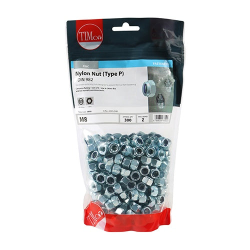 300 x TIMCO Nylon Insert Nuts Type P DIN982 Silver - M8