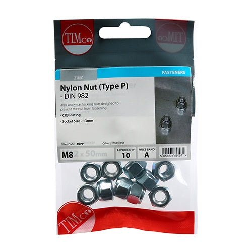 10 x TIMCO Nylon Insert Nuts Type P DIN982 Silver - M8