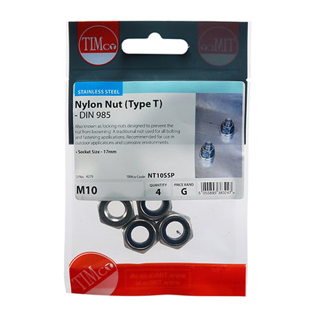 4 x TIMCO Nylon Insert Nuts Type T DIN985 A2 Stainless Steel - M10