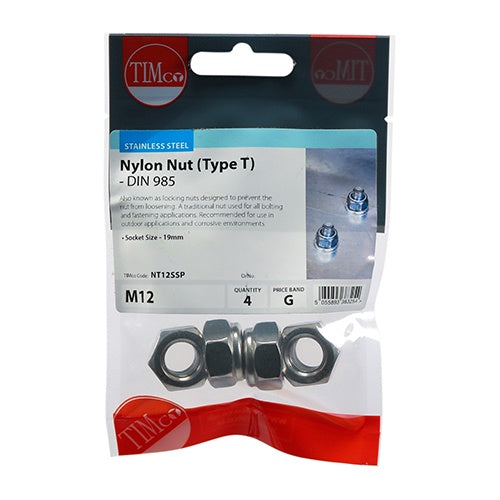 4 x TIMCO Nylon Insert Nuts Type T DIN985 A2 Stainless Steel - M12