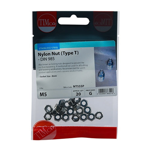 20 x TIMCO Nylon Insert Nuts Type T DIN985 A2 Stainless Steel - M5