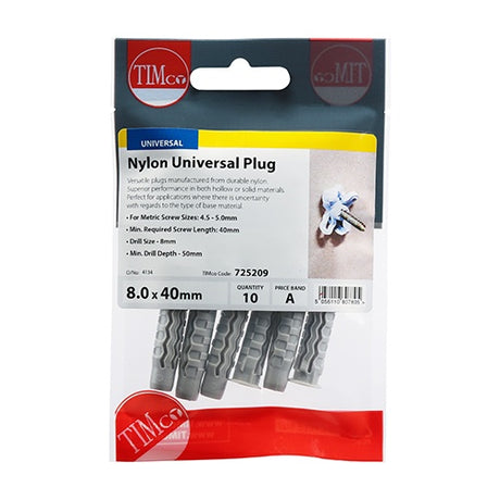 10 x TIMCO Nylon Universal Plugs - 8.0 x 40