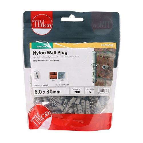 200 x TIMCO Nylon Plugs - 6.0 x 30