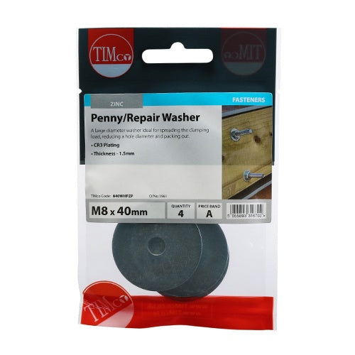 4 x TIMCO Penny / Repair Washers DIN9054 Silver - M8 x 40