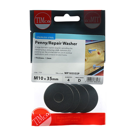 4 x TIMCO Penny / Repair Washers DIN9054 A2 Stainless Steel - M10 x 35