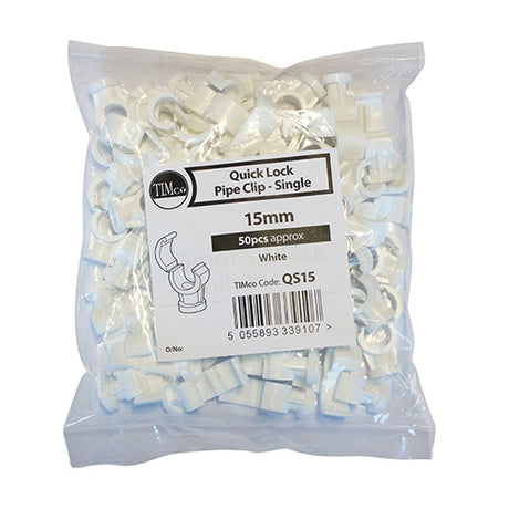 50 x Quick Lock Single Pipe Clips White  - 15mm