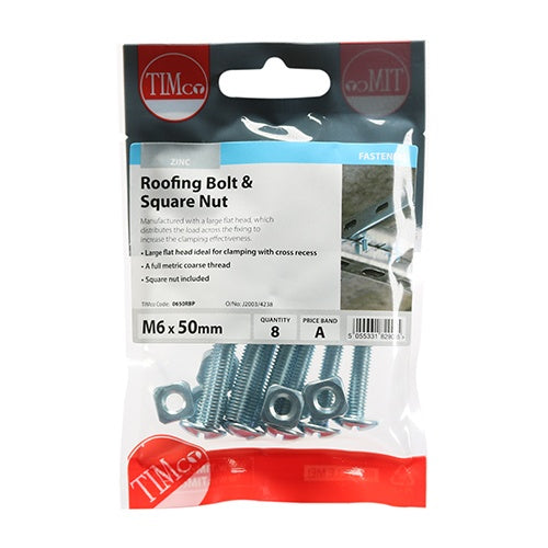 8 x TIMCO Roofing Bolts & Square Nuts Silver - M6 x 50