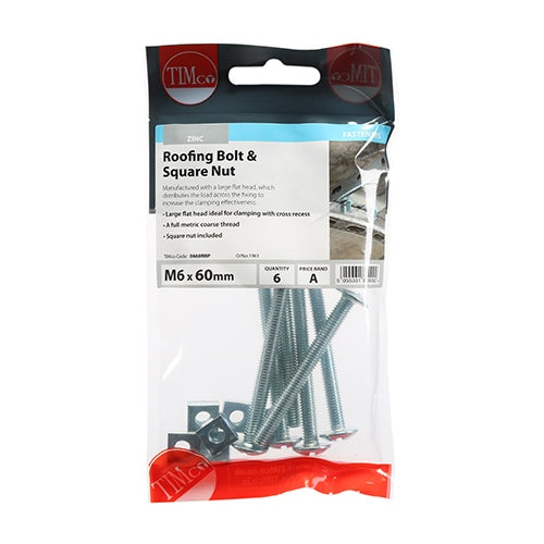 6 x TIMCO Roofing Bolts & Square Nuts Silver - M6 x 60