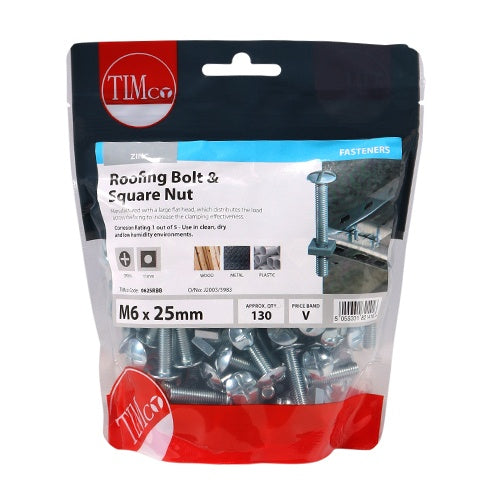 130 x TIMCO Roofing Bolts & Square Nuts Silver - M6 x 25