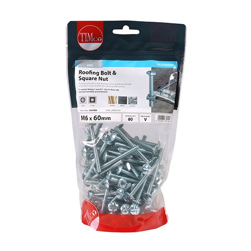 80 x TIMCO Roofing Bolts & Square Nuts Silver - M6 x 60