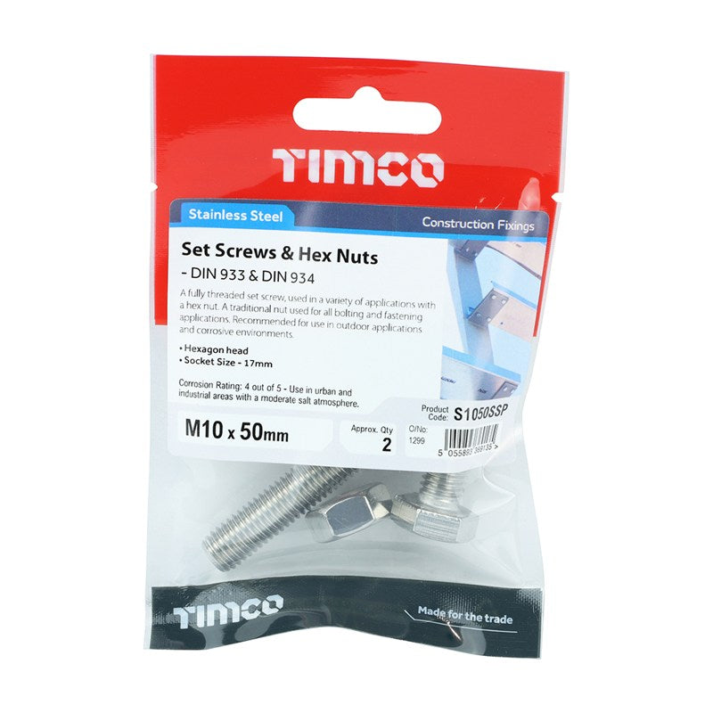 Pair of - TIMCO Set Screws DIN933 Hex & Nut DIN934 Silver A2 Stainless Steel - M10 x 50