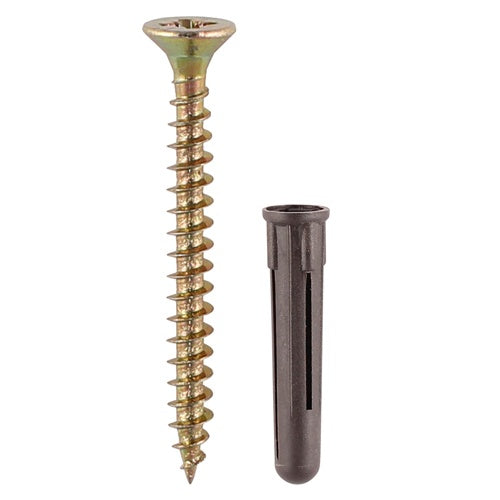 125 x TIMCO Brown Premium Plastic Plugs With Twin-Threaded Countersunk Silver Woodscrews - 35mm Brown Plug, 5.0x50 Screw