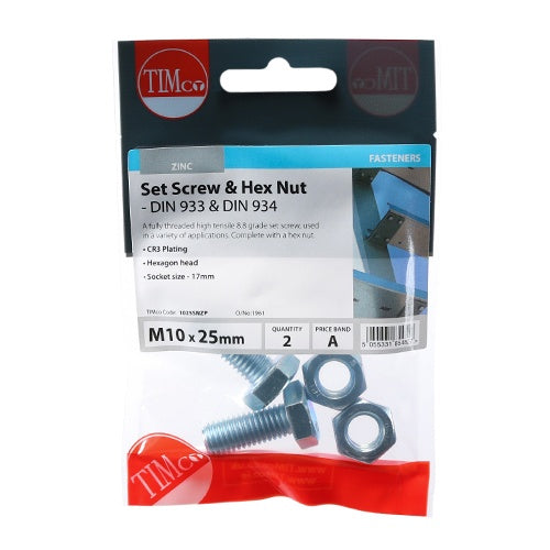 Pair of - TIMCO Set Screws DIN933 Grade 8.8 & Hex Nut DIN934 Silver - M10 x 25