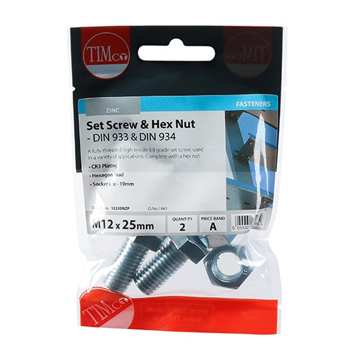 Pair of - TIMCO Set Screws DIN933 Grade 8.8 & Hex Nut DIN934 Silver - M12 x 25