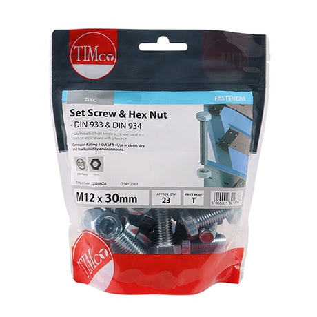 23 x TIMCO Set Screws DIN933 Grade 8.8 & Hex Nut DIN934 Silver - M12 x 30