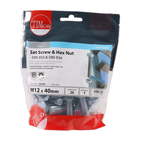 20 x TIMCO Set Screws DIN933 Grade 8.8 & Hex Nut DIN934 Silver - M12 x 40