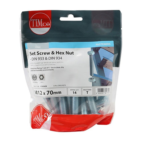 14 x TIMCO Set Screws DIN933 Grade 8.8 & Hex Nut DIN934 Silver - M12 x 70