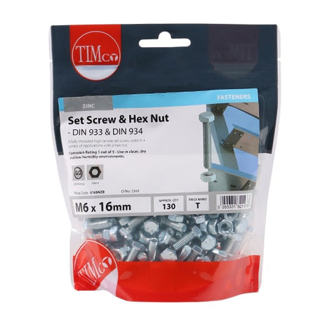 130 x TIMCO Set Screws DIN933 Grade 8.8 & Hex Nut DIN934 Silver - M6 x 16