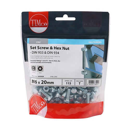 115 x TIMCO Set Screws DIN933 Grade 8.8 & Hex Nut DIN934 Silver - M6 x 20